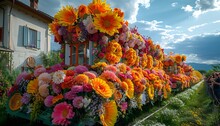 a train decorated with flowers