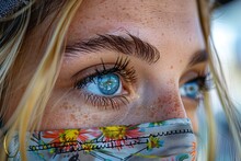 a close up of a woman's eyes with a mask