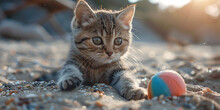 a kitten lying on the sand with a ball