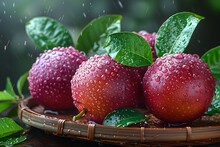 a plate of fruit with water droplets on it