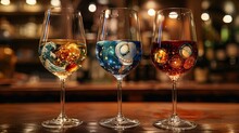 a group of wine glasses with different colored liquid