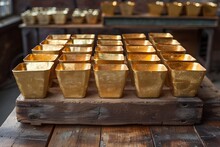 a group of gold containers on a wooden surface