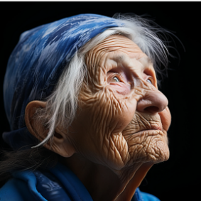 an old woman with a blue head scarf