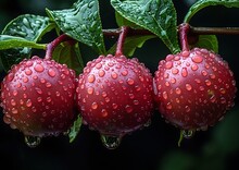 a group of red fruit with water droplets on it