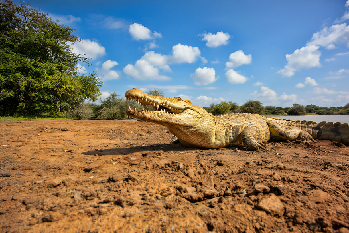 a crocodile lying on the ground