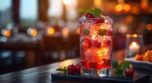 a glass of drink with berries and leaves on a table