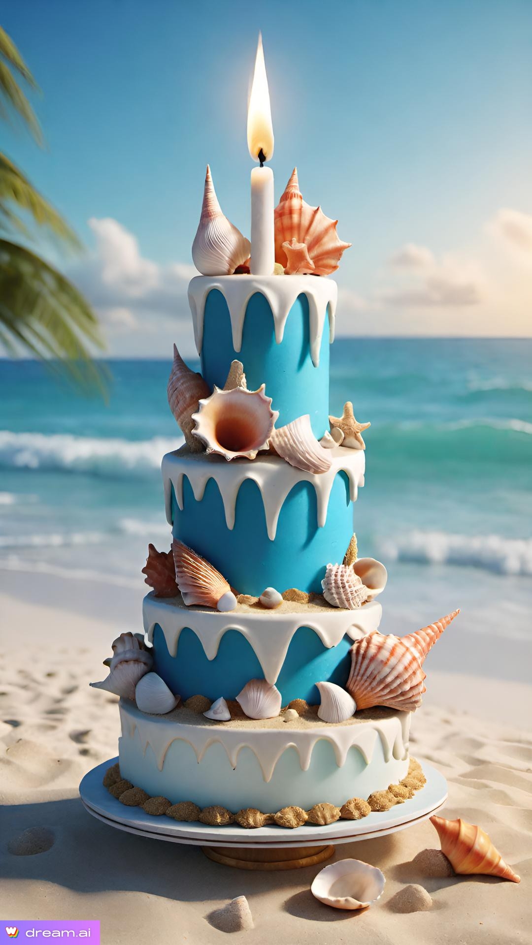 a cake with a candle on the beach