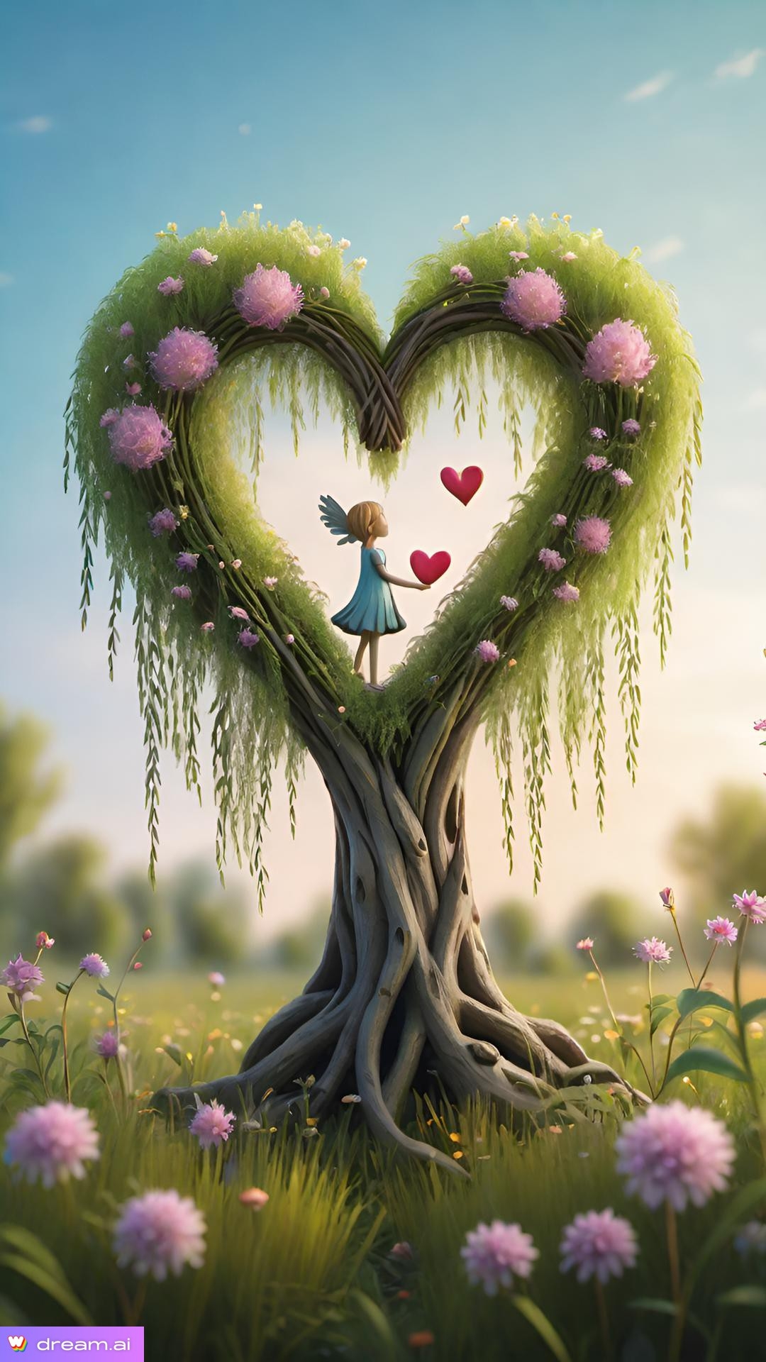 a tree with a heart shaped plant and a girl holding two hearts