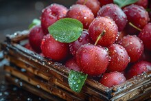 a basket of cherries with leaves