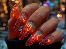 a hand with long nails with colorful nails