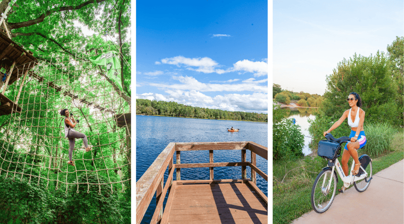 a collage of a lake and a boat