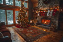 a room with a fireplace and a christmas tree