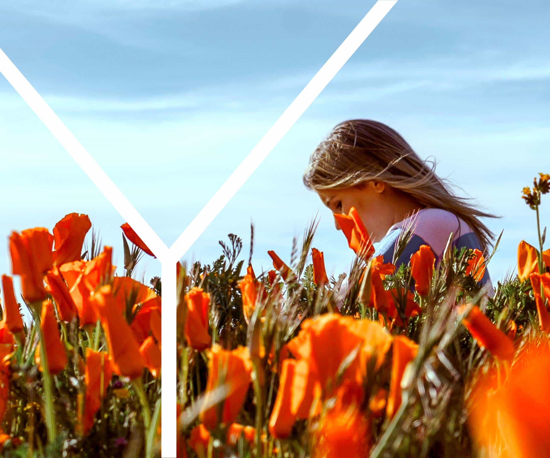 a girl in a field of orange flowers