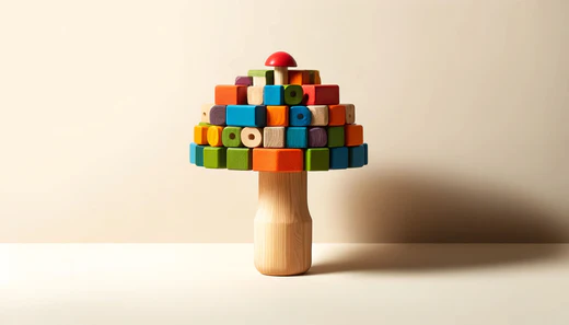 a wooden mushroom with colorful blocks