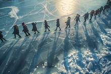 a group of people walking on ice