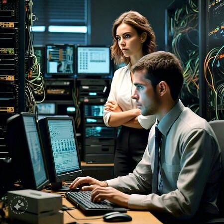 a man and woman looking at computers