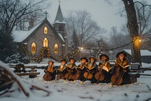 a group of people playing instruments in the snow