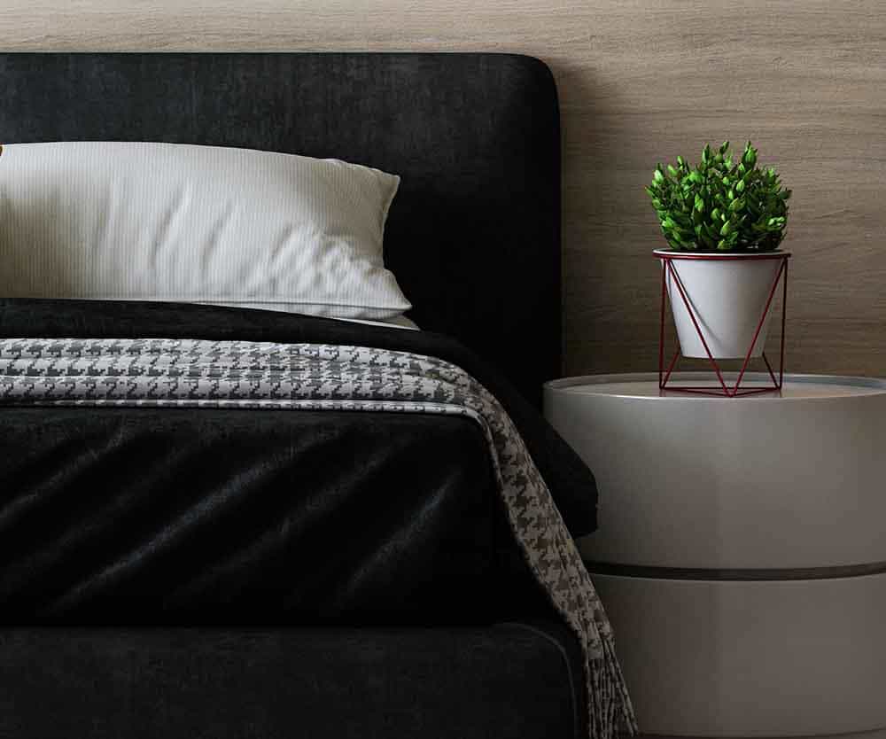 a bed with a plant on a table