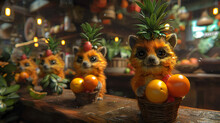 a group of stuffed animals with fruits