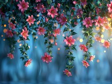 a group of pink flowers from a vine