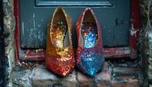 a pair of high heeled shoes with glitter