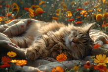 a cat lying on a blanket with flowers