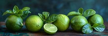 a group of limes and a cut in half