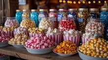 a table full of different types of popcorn