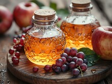 two glass jars with liquid and grapes on a wooden surface