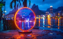 a circular object with a reflection of a city in the background