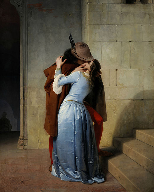 a painting of a man and woman kissing