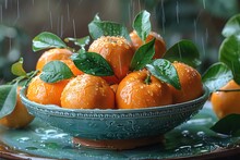 a bowl of oranges with leaves