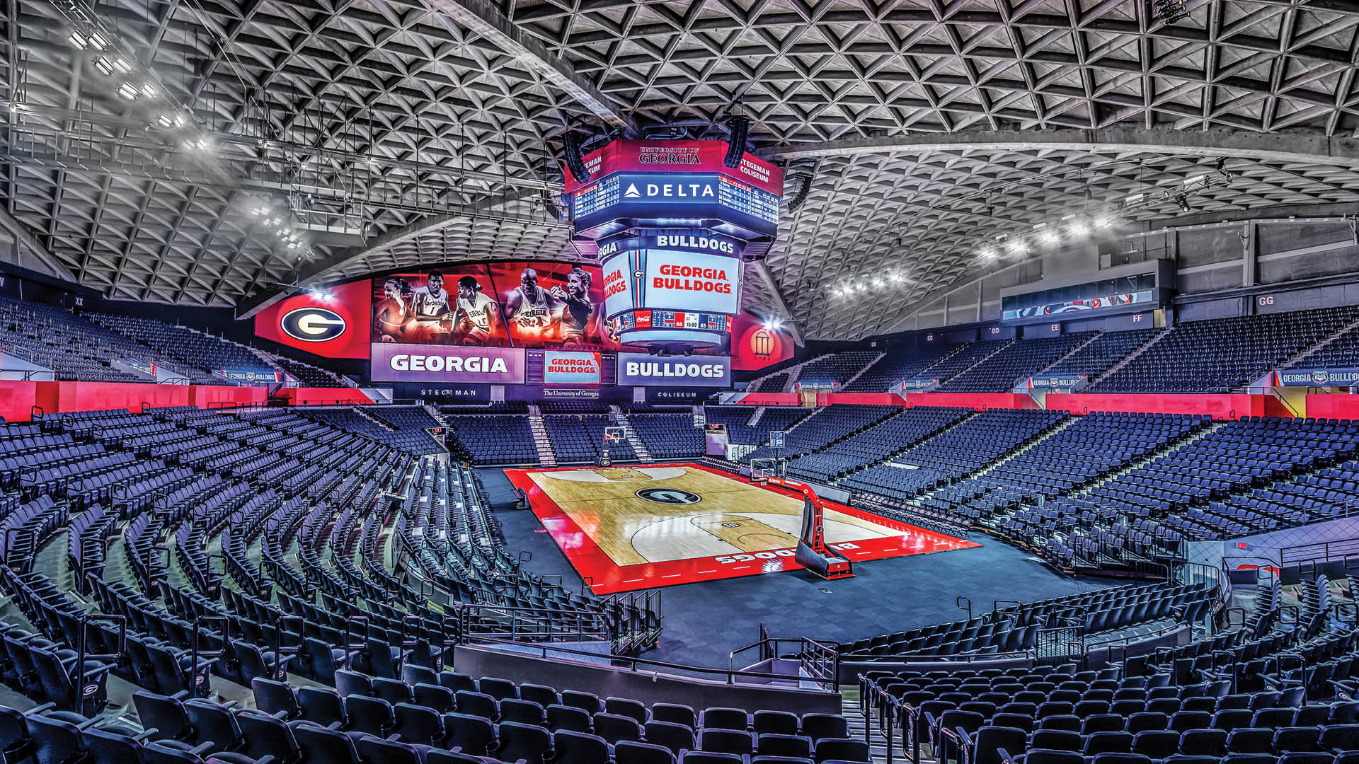 a basketball court in a stadium