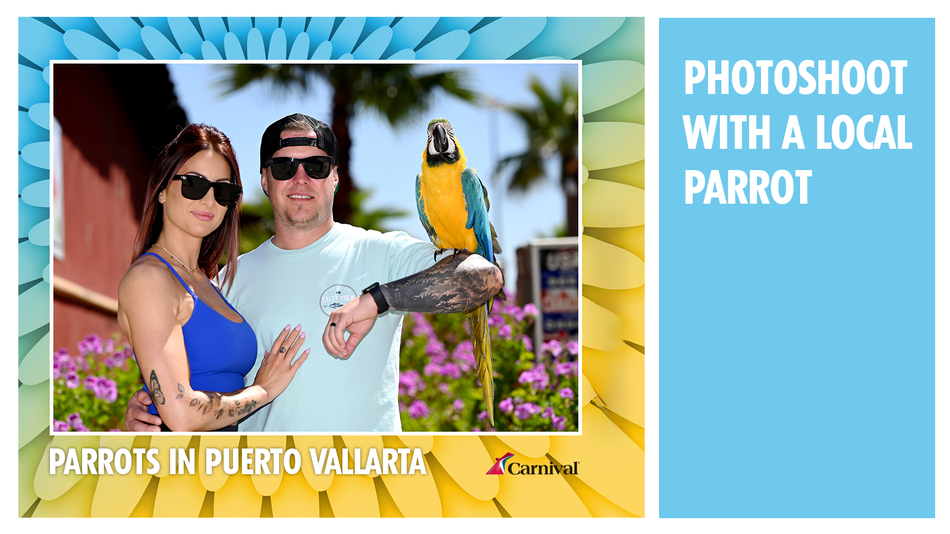 a man and woman with a parrot on their arm