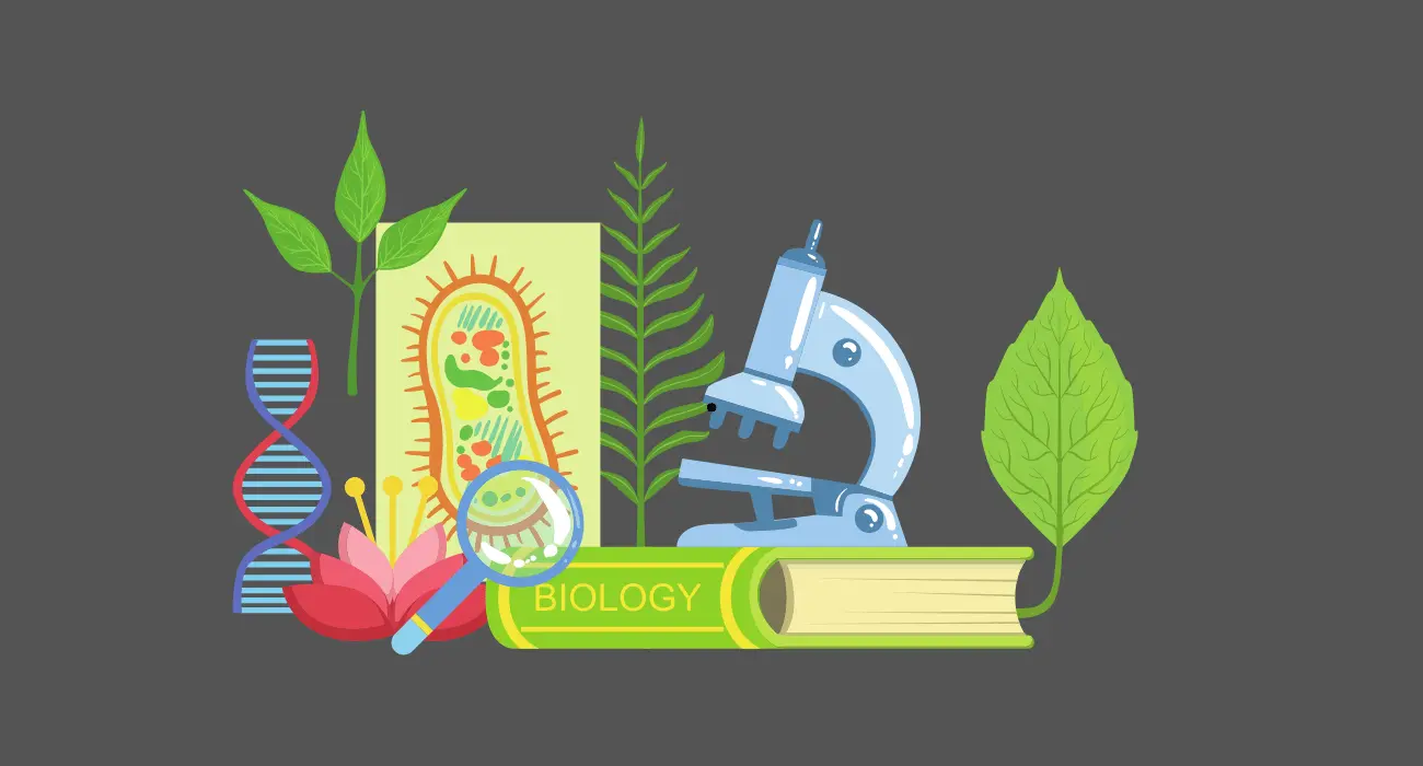 a book and microscope with plants and leaves