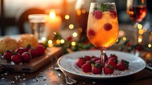 a glass of orange liquid with berries on a plate