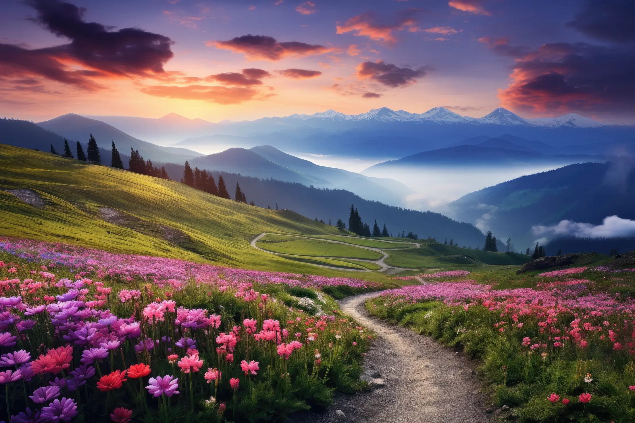 a path through a field of flowers