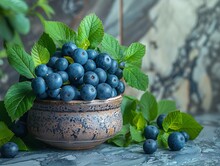 a bowl of blueberries with leaves