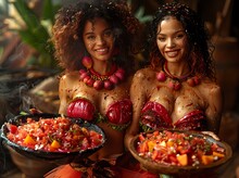 two women holding bowls of food