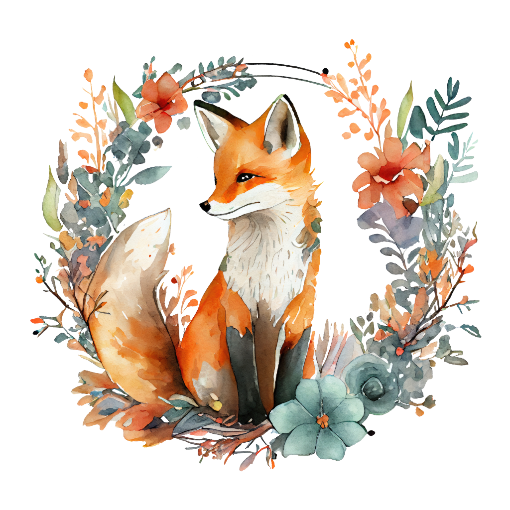 a watercolor of a fox in a wreath of flowers