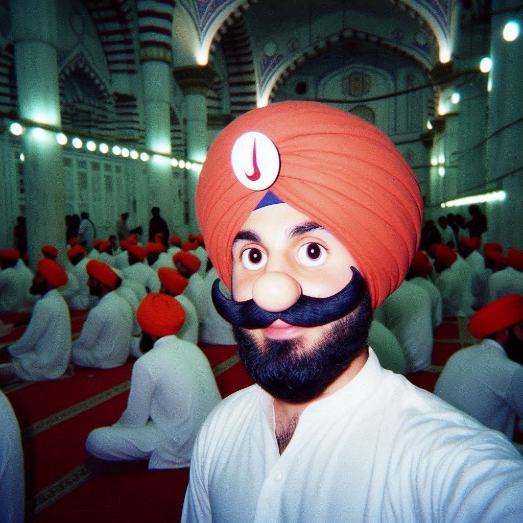 a man with a mustache and turban taking a selfie