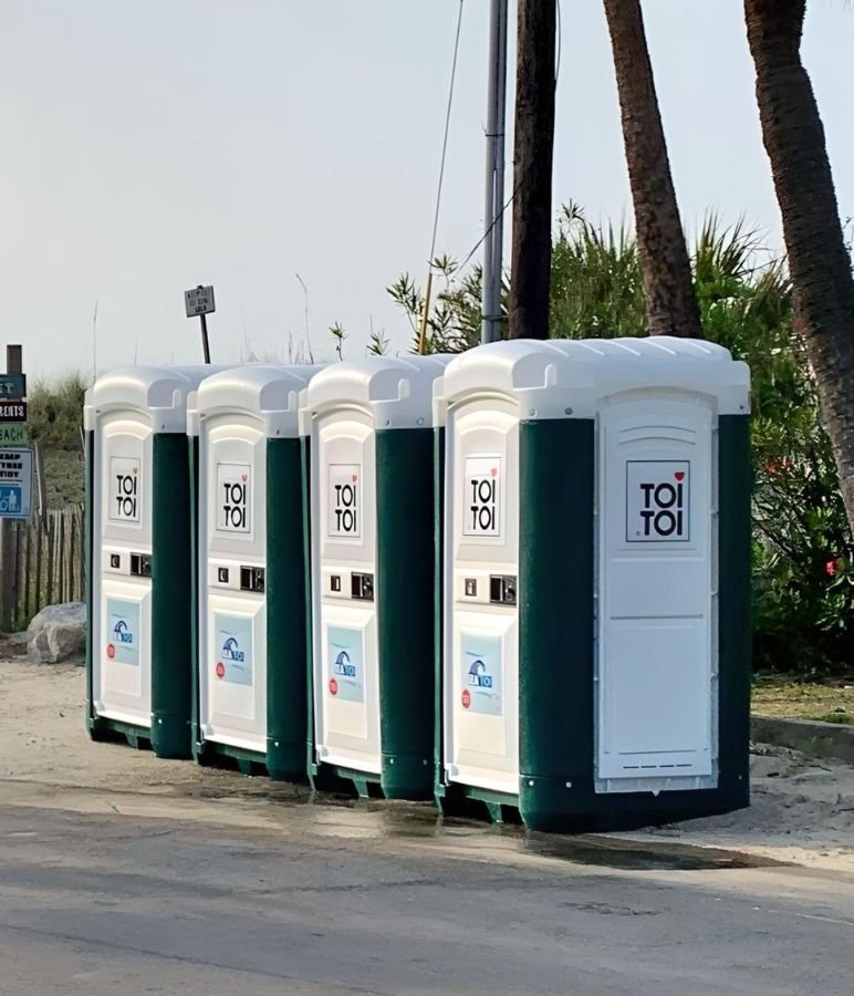 a row of portable toilets