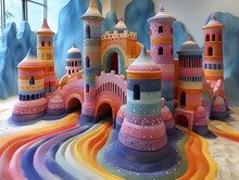 a colorful castle with rainbow colors