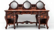 a wooden vanity with multiple mirrors