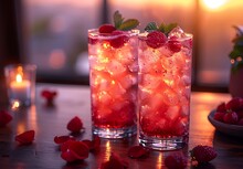 two glasses with ice and berries on a table