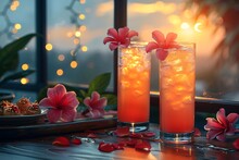 two glasses with ice and flowers on a table