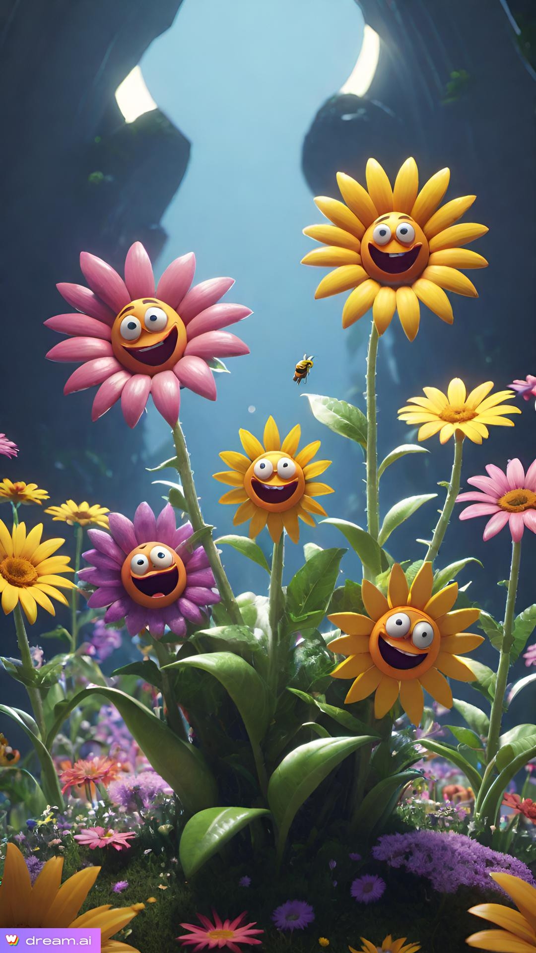 a group of flowers with smiley faces