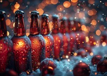 a row of beer bottles in snow