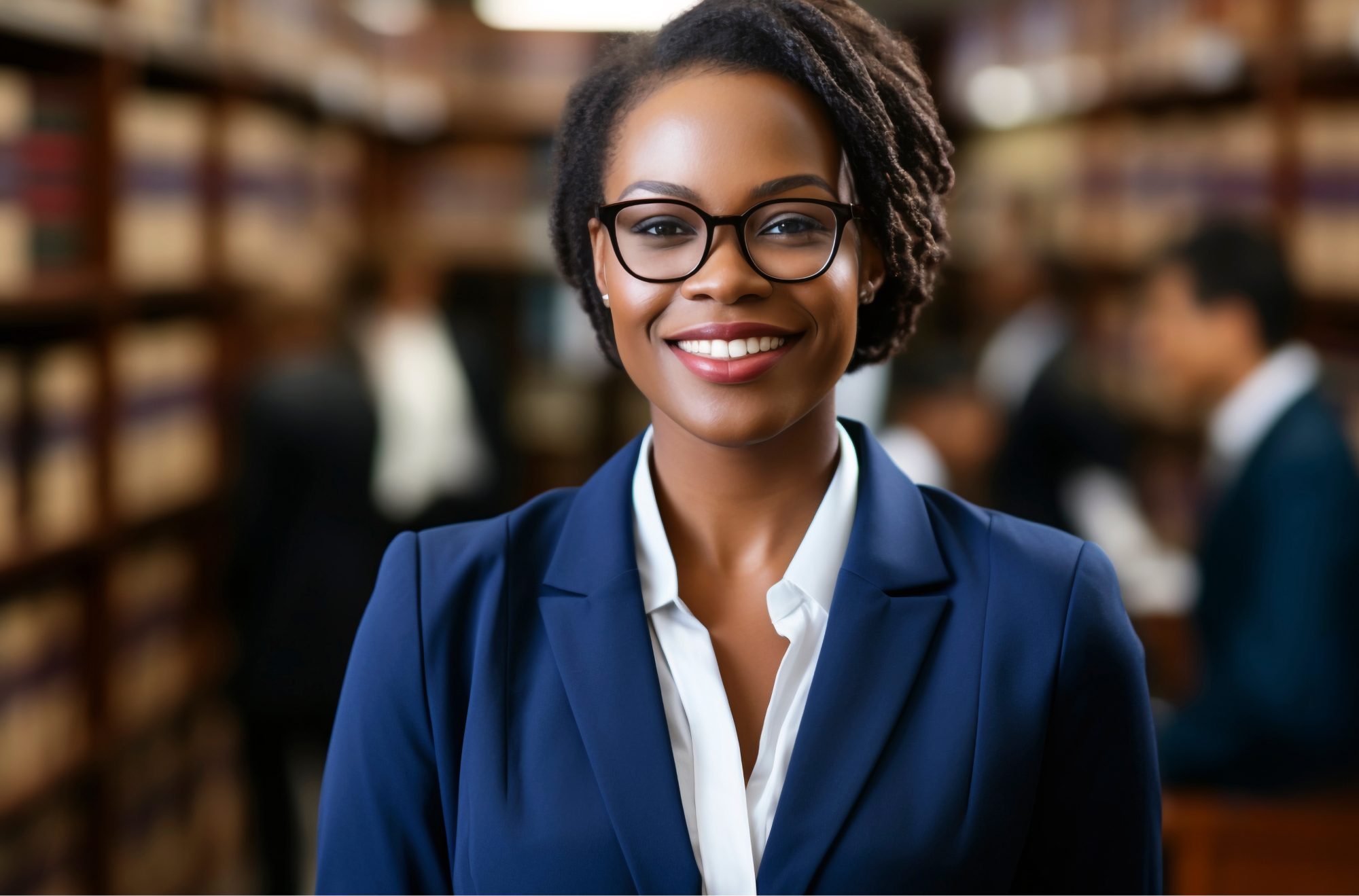 a woman wearing glasses and a blue suit