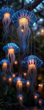 a group of blue jellyfish from strings